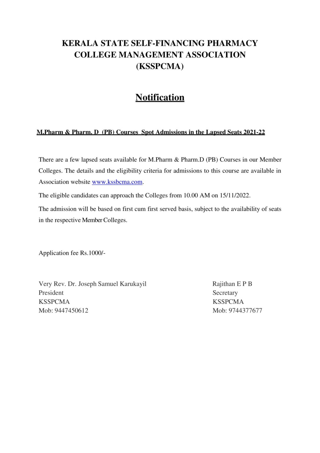 M Pharm Pharm D PB Notification 2021 22 KSSPCMA